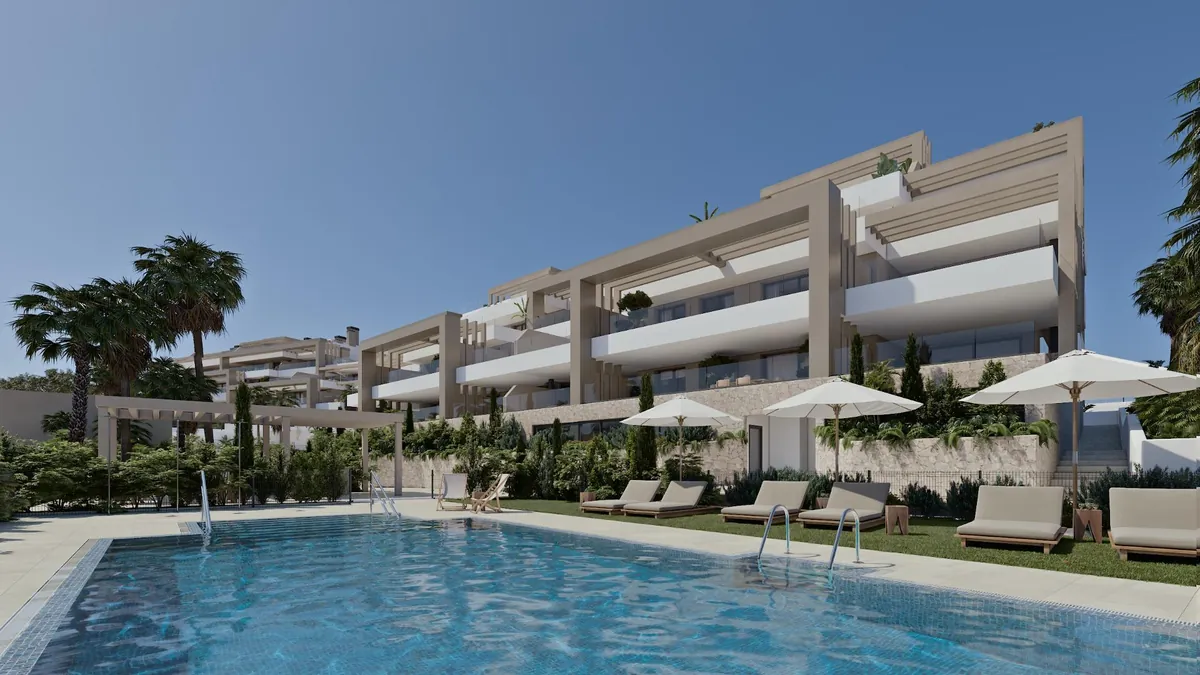 Vue extérieure de Las Mesas Infinity Homes avec pergolas sur les terrasses