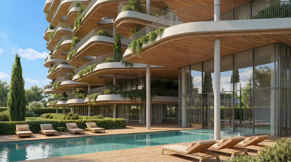 Piscine extérieure et jardins de la résidence Vangard