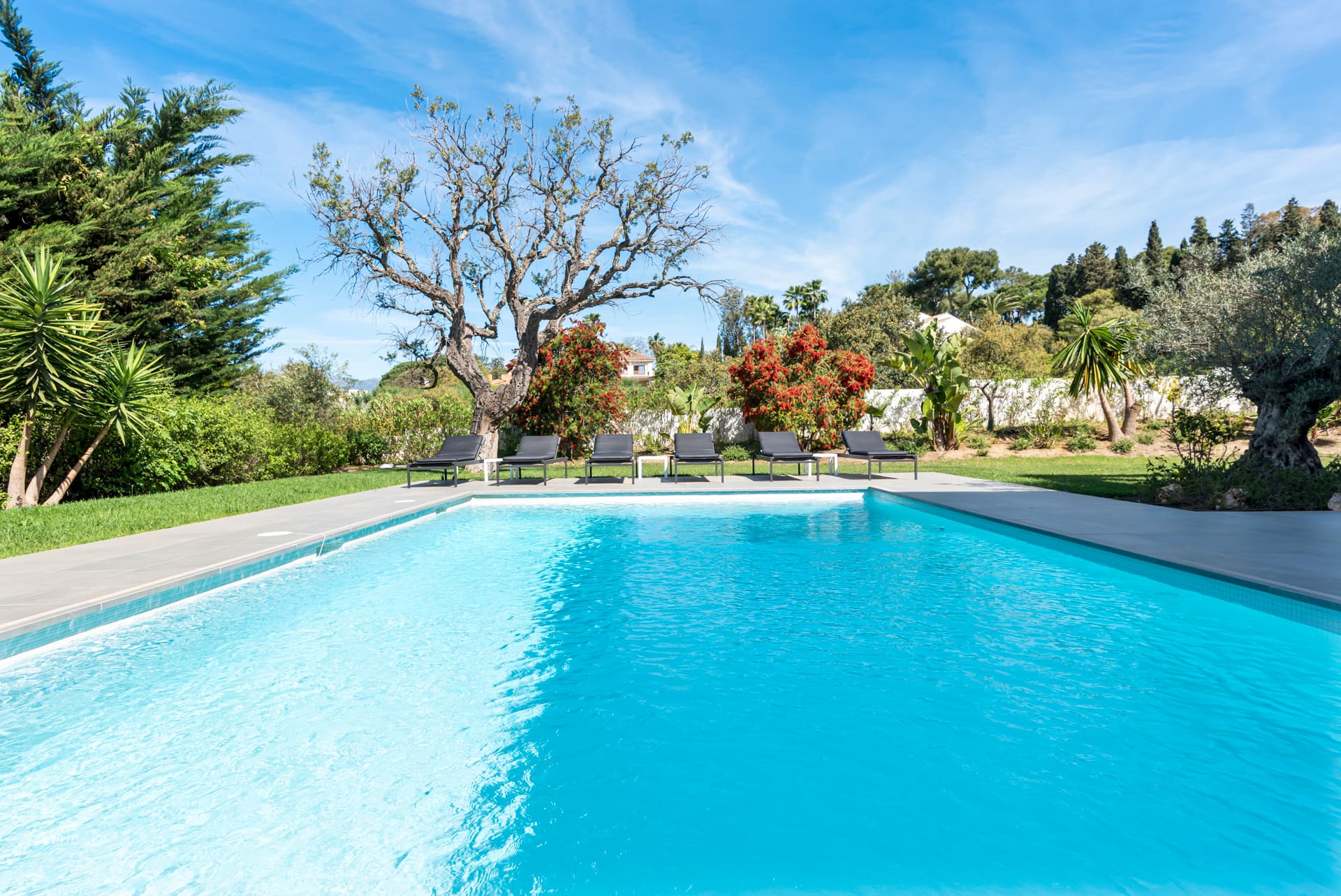 Villa Las Chapas: vakantievilla met privézwembad in Marbella 19 Zwembad en tuin met mediterrane beplanting