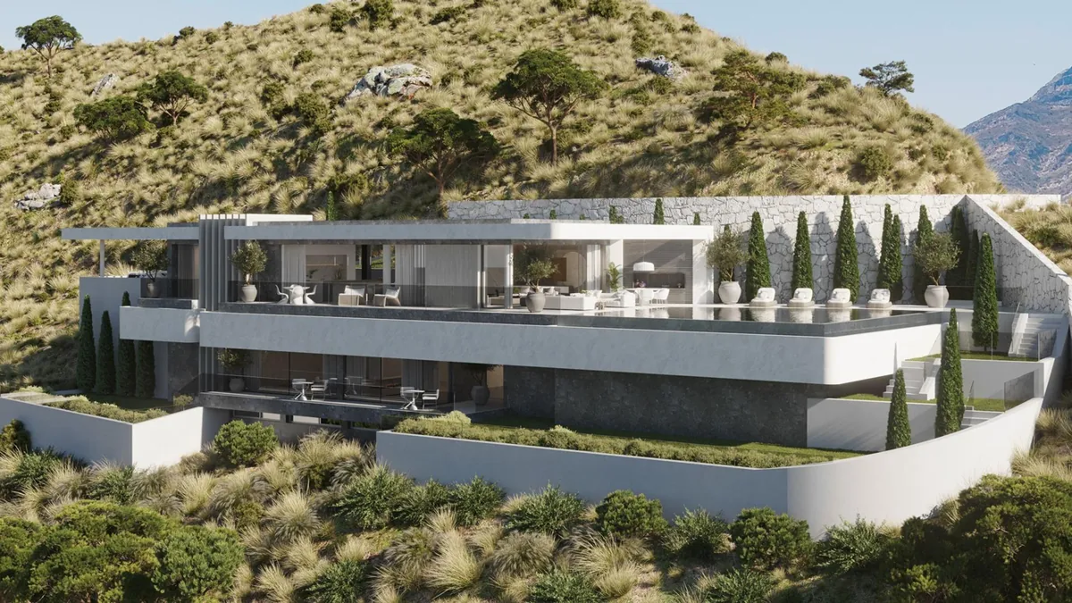 Séjour avec parois vitrées escamotables à Vista Lago Residences Benahavís