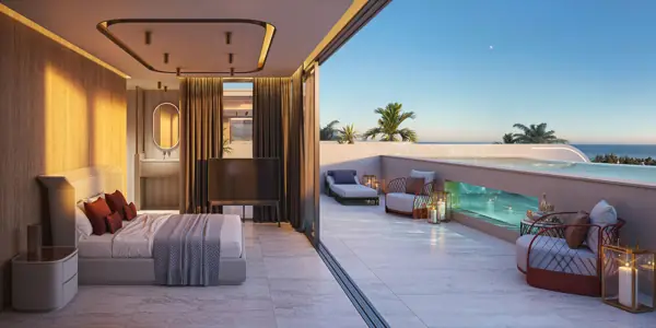 AÍDA, Golden Mile, Marbella: bedroom with terrace and sea views