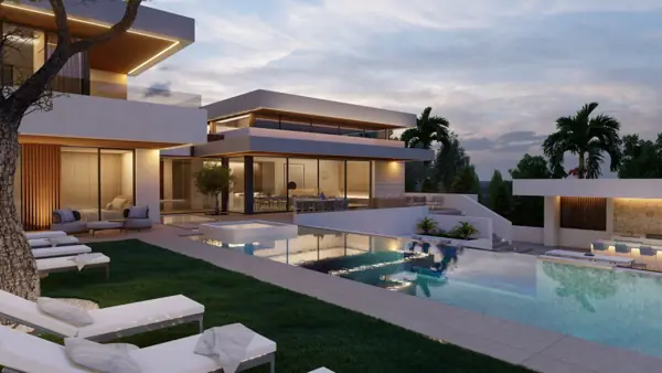 Villas Alcalá, Nueva Andalucía, Marbella, Villa Alcalá 4: villa con piscina con la luz del anochecer