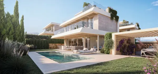 Kora Residences, Estepona: villa met zwembad, tuin en carport (3D-weergave)
