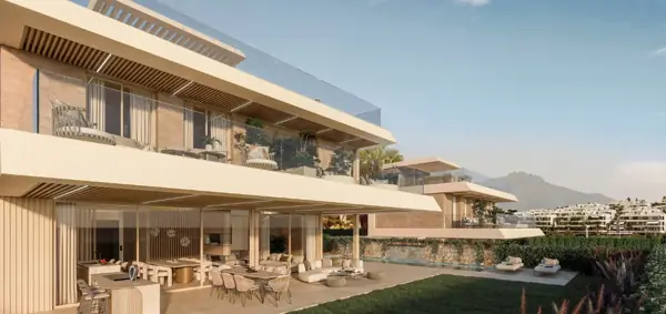Kora Residences, Estepona: overdekt terras met leefruimte en keuken buiten (3D-weergave)