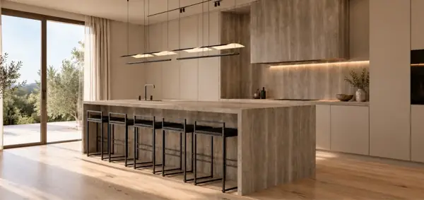 Kora Residences, Estepona: keuken met eiland en uitzicht op de tuin (3D-weergave)