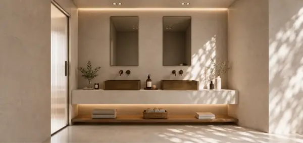 Kora Residences, Estepona: badkamer met dubbele wastafel (3D-weergave)