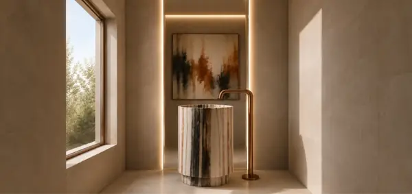 Kora Residences, Estepona: gastentoilet met wastafel in natuursteen (3D-weergave)