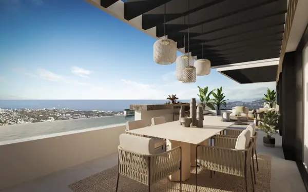 Martalia, Benalmádena: terras met eettafel en zeezicht