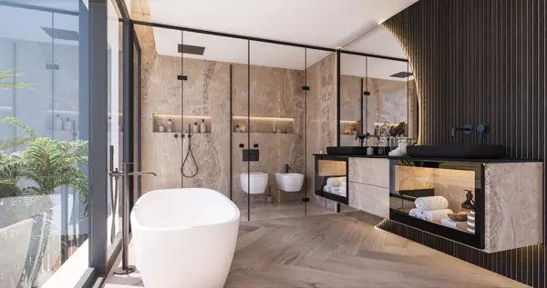 Noura Villas, Golden Mile, Marbella, Villa Moon : salle de bains avec baignoire îlot