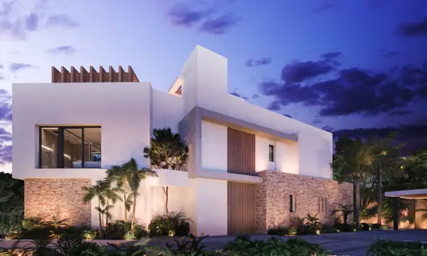 Noura Villas, Golden Mile, Marbella, Villa Moon : façade à la tombée du jour