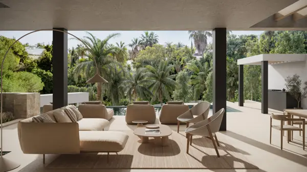Noura Villas, Golden Mile, Marbella, Villa Sky : terrasse couverte avec espace lounge et cuisine d'été
