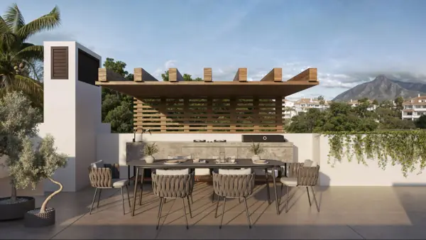 Noura Villas, Golden Mile, Marbella, Villa Sky : terrasse couverte avec espace lounge et cuisine d'été
