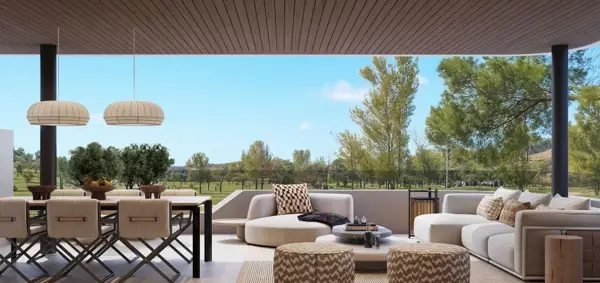 Nyra Residences, Estepona : terrasse couverte avec vue sur le golf (rendu 3D)