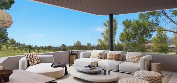Nyra Residences, Estepona : terrasse avec salon extérieur et vue sur le golf (rendu 3D)