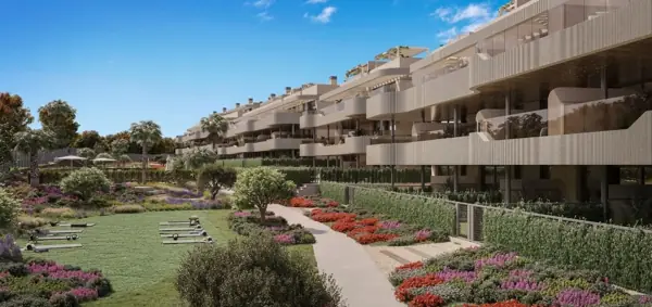 Nyra Residences, Estepona : jardin paysager avec espace fitness extérieur (rendu 3D)