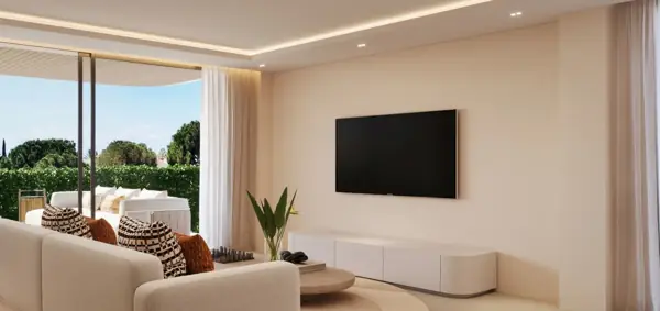 Nyra Residences, Estepona : séjour avec accès à la terrasse (rendu 3D)