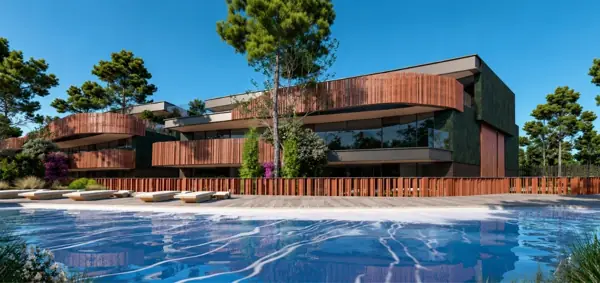 Orum, Estepona: gevel met houten lamellen en zwembad (3D-weergave)